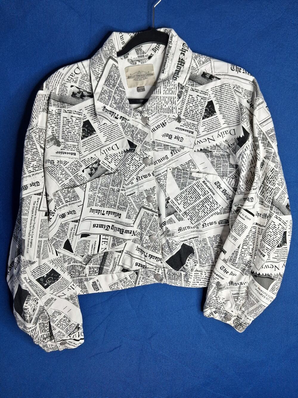 Ashley Vintage Charm Newspaper Print Denim Crop Jacket L